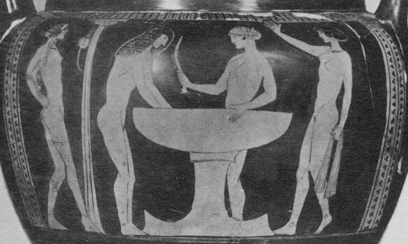 Amphore à figures rouges attiques représentant quatre femmes nues au louterion. Vase 2166.Vienne, Kunsthistorisches Museum.